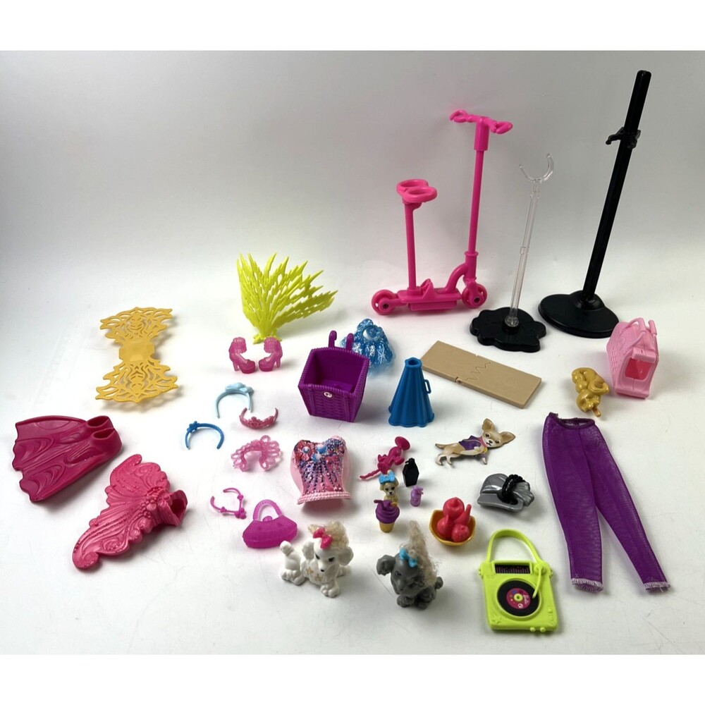 Lots of Hasbro/Barbie/Variety Doll Accessories Dogs Scooter Misc.